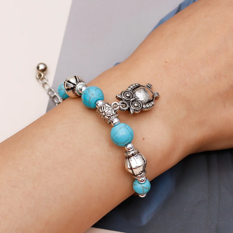 

Classical Vintage Owl Turquoises Bracelet & Bangles for Women Men Fashion Jewelry Tibetan Silver Charm Friendship Bracelet