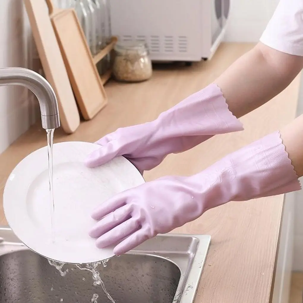 Rubber Plush Gloves Household Kitchen Acessrios Thick PVC Waterproof Dish Washing Laundry Clothes Cleaning Gloves