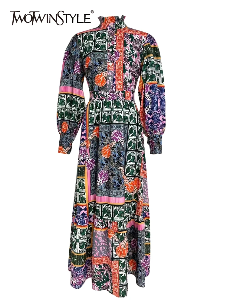 

Женское платье-миди twotwin2, свободное платье с цветочным принтом, v-образным вырезом, рукавами-фонариками и высокой талией, новинка 2022