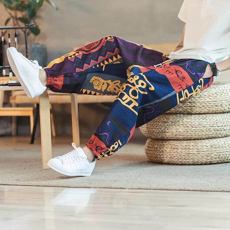 

Free shipping Harem Pants Korean Casual Cotton Linen Trouser Man Jogger Pants Printed Baggy Pants Men Trousers Streetwear Dropsh