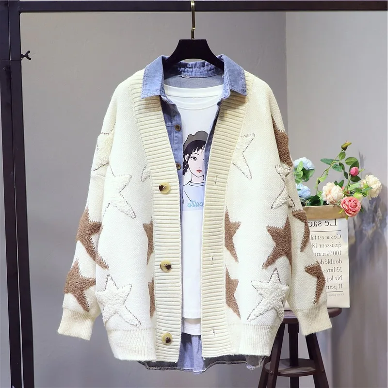 

V-neck Sweater Women's 2023 Autumn and Winter New Loose Star Jacquard Color Block Long Sleeve Knitted Cardigan