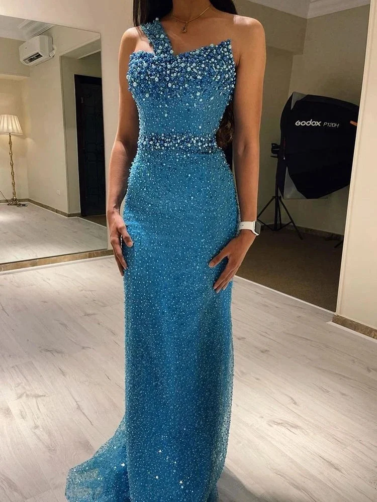 

Blue One Shoulder Sleeveless Sequined Beading Mermaid Trumpet Woman Formal Wedding Guest Evening Prom Dresses Cocktail