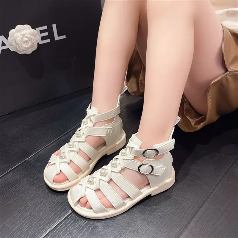 

Children Girls Fashion Sandals for Kids Summer Flats Shoes Pearl Bowtie Toddlers Sandalias PINK,BLACK,BEIGE,4-10Y,Size