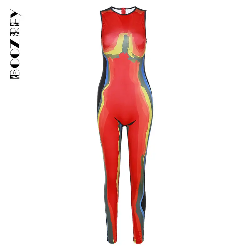 BoozRey 3D Print Color Blocking Jumpsuits Women Aesthetic Fashion Y2K Sleeveless Slim Overall Lady Street One Piece Outfit 2023
