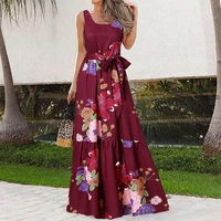 summer dress elegant o neck floor length breathable sleeveless colorful flower print big hem maxi dress dating clothes