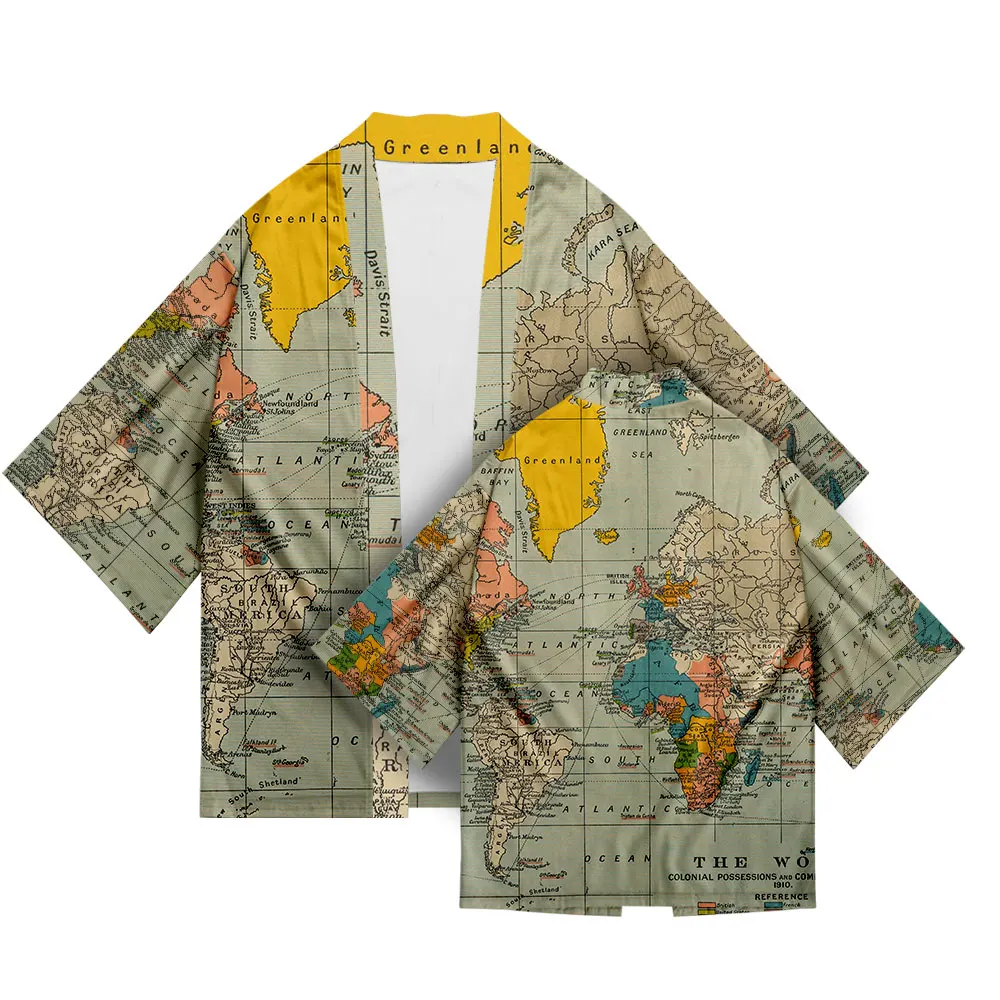 Plus Size World Map Print 2022 Summer Loose Japanese Streetwear Cardigan Women Men Harajuku Kimono Cosplay Vintage Shirts Yukata