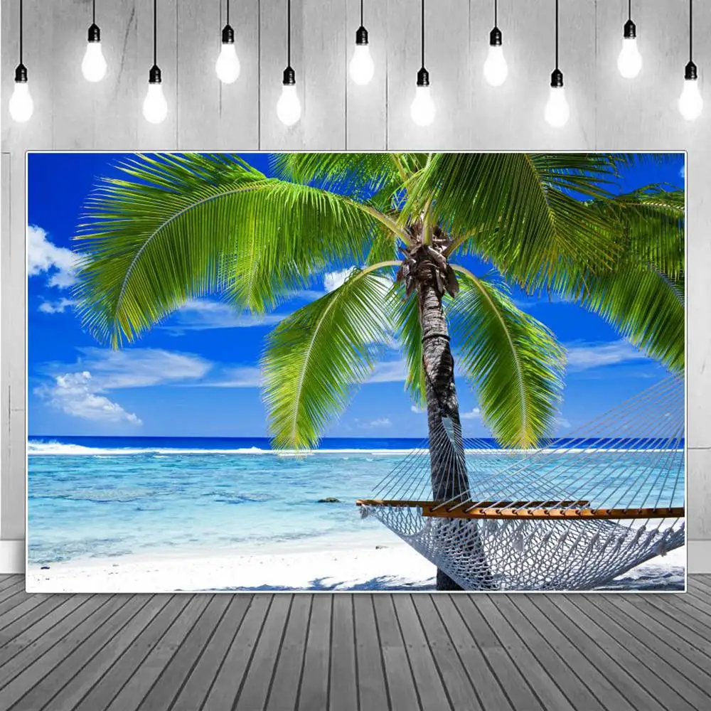 

Seaside Palm Tree Photography Backgrounds Children Tropical Ocean Shade Hammock Blue Sky Holiday Backdrops Photographic Portrait