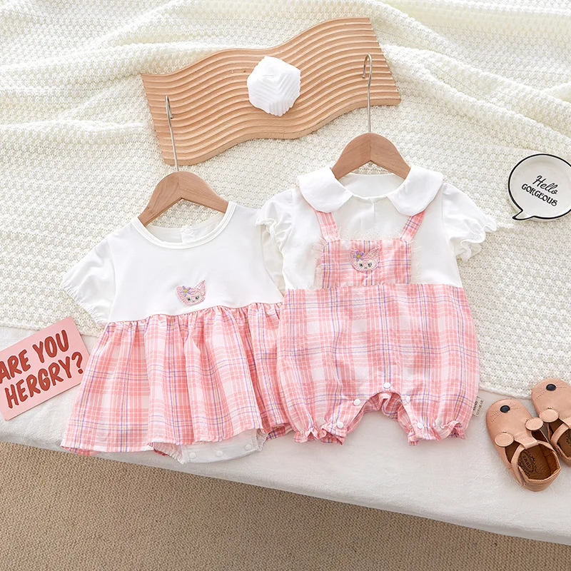 

Summer New Infant Baby Girls Clothes Peter Pan Collar Sweetly Princess Dresses Short Sleeve Fake Two Bibs Newborn Kids Romper