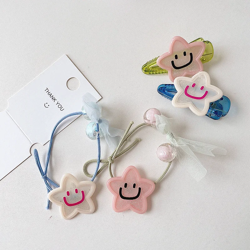 

Korean Cartoon Acrylic Quicksand Stars Smiley Elastic Hair Bands Hair Clip Hairpin Children Ponytail Rubber Band Hair Accessory