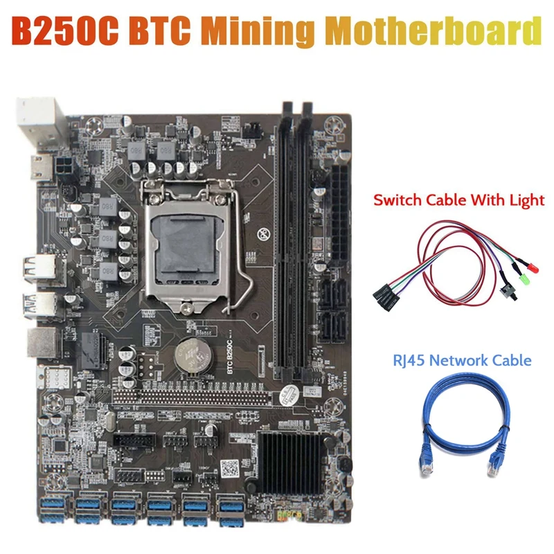 

B250C Miner Motherboard+Switch Cable with Light+RJ45 Cable 12 PCIE to USB3.0 Graphics Card Slot LGA1151 Support DDR4 RAM