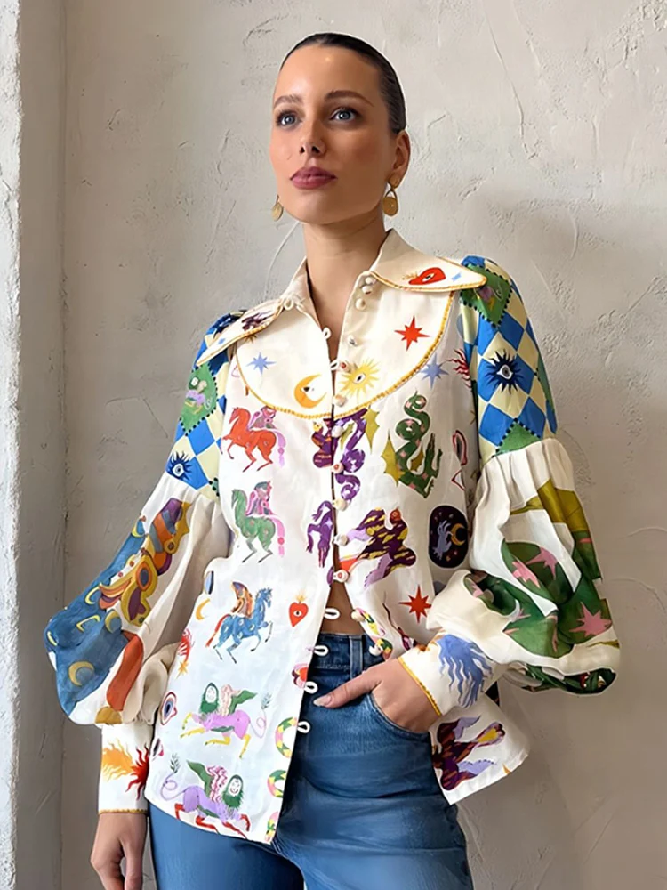 

Casual Print Lantern Sleeve Women's Shirt Single Breasted Turn-down Collar Female Shirts 2023 Summer Elegant Lady Streetwear