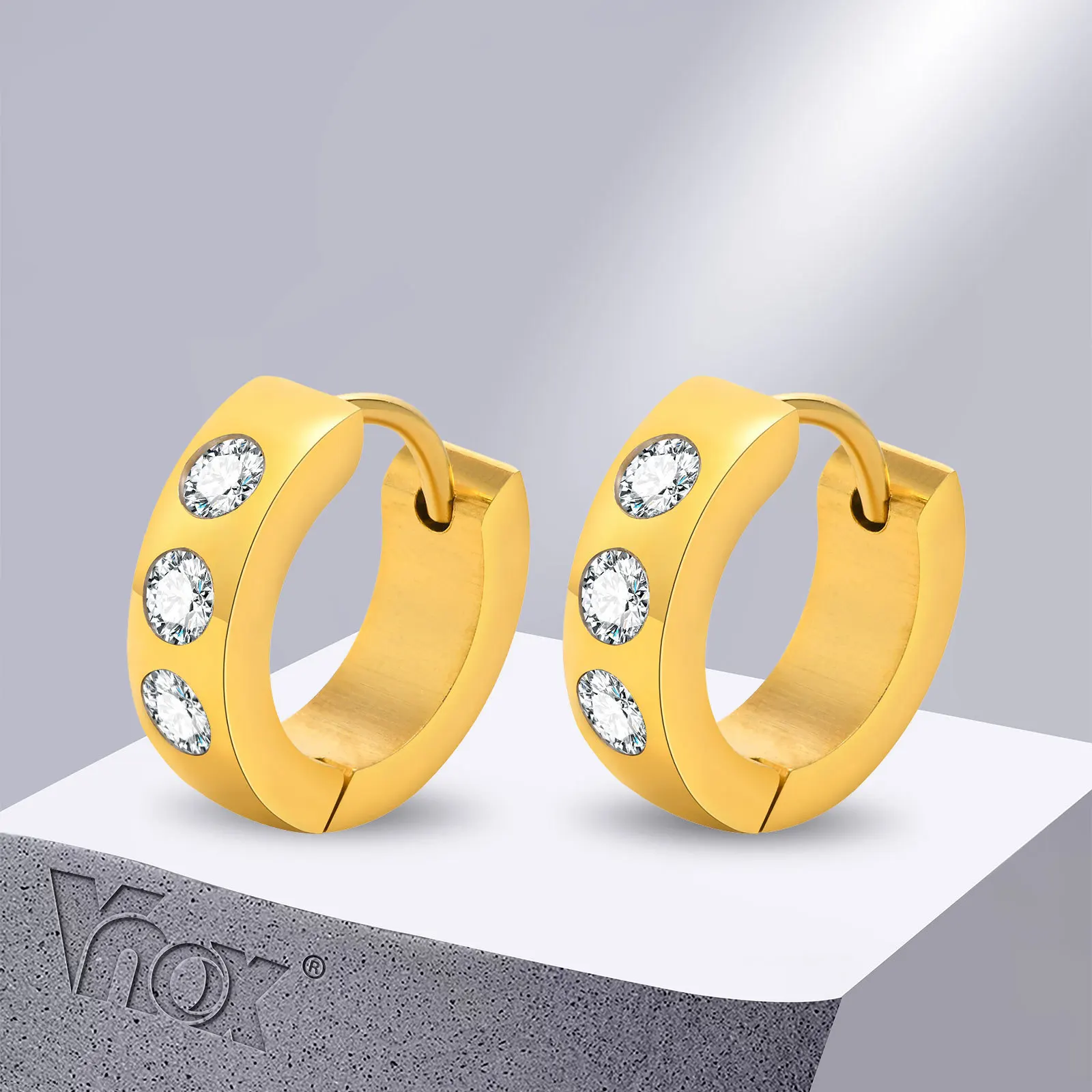 

Vnox Shiny CZ Stone Hoop Huggie Earrings for Women Girls, Chic Gold Color Stainless Steel Metal Ear Gifts Accessories