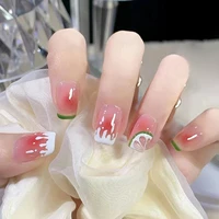24pcs summer vibe fruit grain nails with 3d decoration fake nails with glue full cover press on nails short with wearing tools
