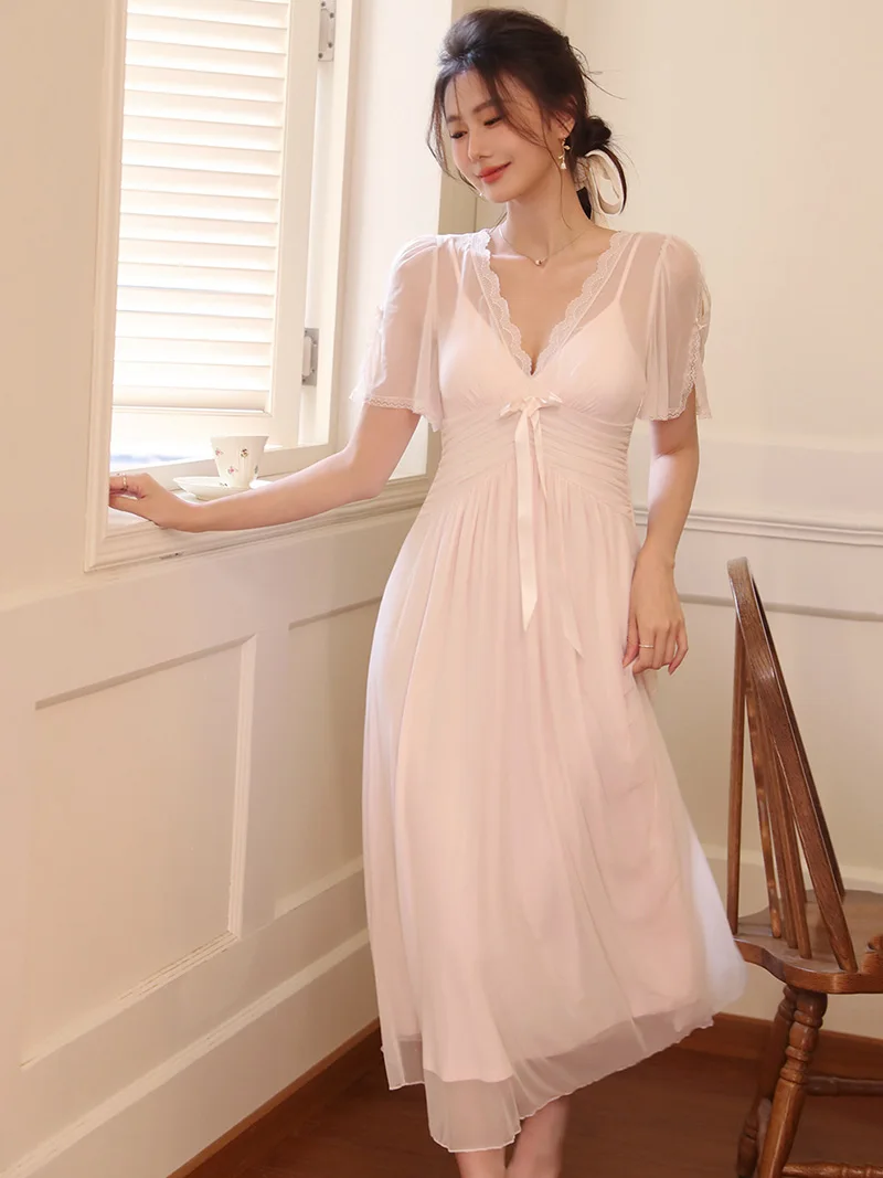 Women Female French Nightgowns Summer Ruffles Sexy Nighty Dress Sexy Mesh Sweet Fairy Victorian Pajamas Sleepwear Homewear