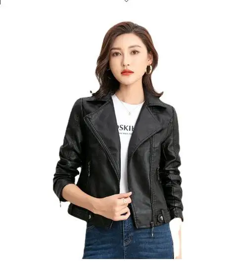 

European and American autumn new women's fashion temperament motorcycle leather jacket lapel PU zipper slim coat