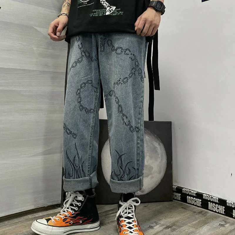 

Женские длинные брюки с принтом цепей, повседневные свободные ковбойские джинсы, уличная одежда с принтом в виде граффити и пламени, осень 2021