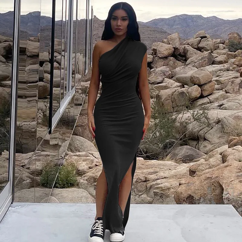 

Women One Shoulder Solid Ribbed Sleeveless Summer Casual High Split Bodycon Slim Long Dresses