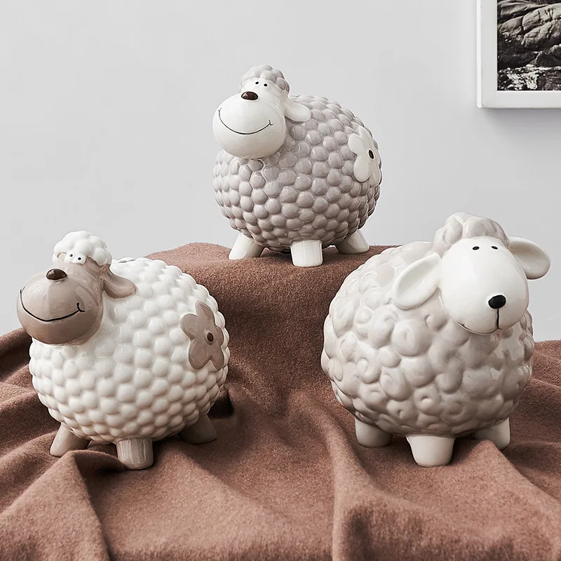 

Cartoon Sheep Piggy Bank Lovely Ceramic Statue Animal Figurines Nordic Home Decore Children's Room Desk Decoration Gift