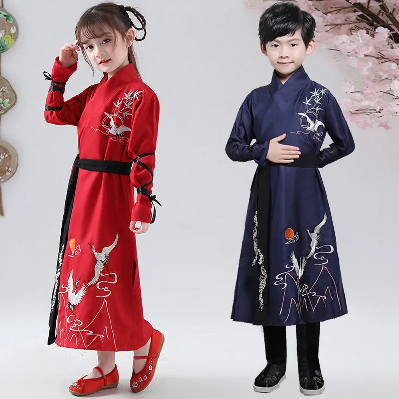 

Hanfu/платье для детей, традиционный китайский народный костюм Тан с принтом древнего крана для мальчиков и девочек, танцевальный костюм, детс...