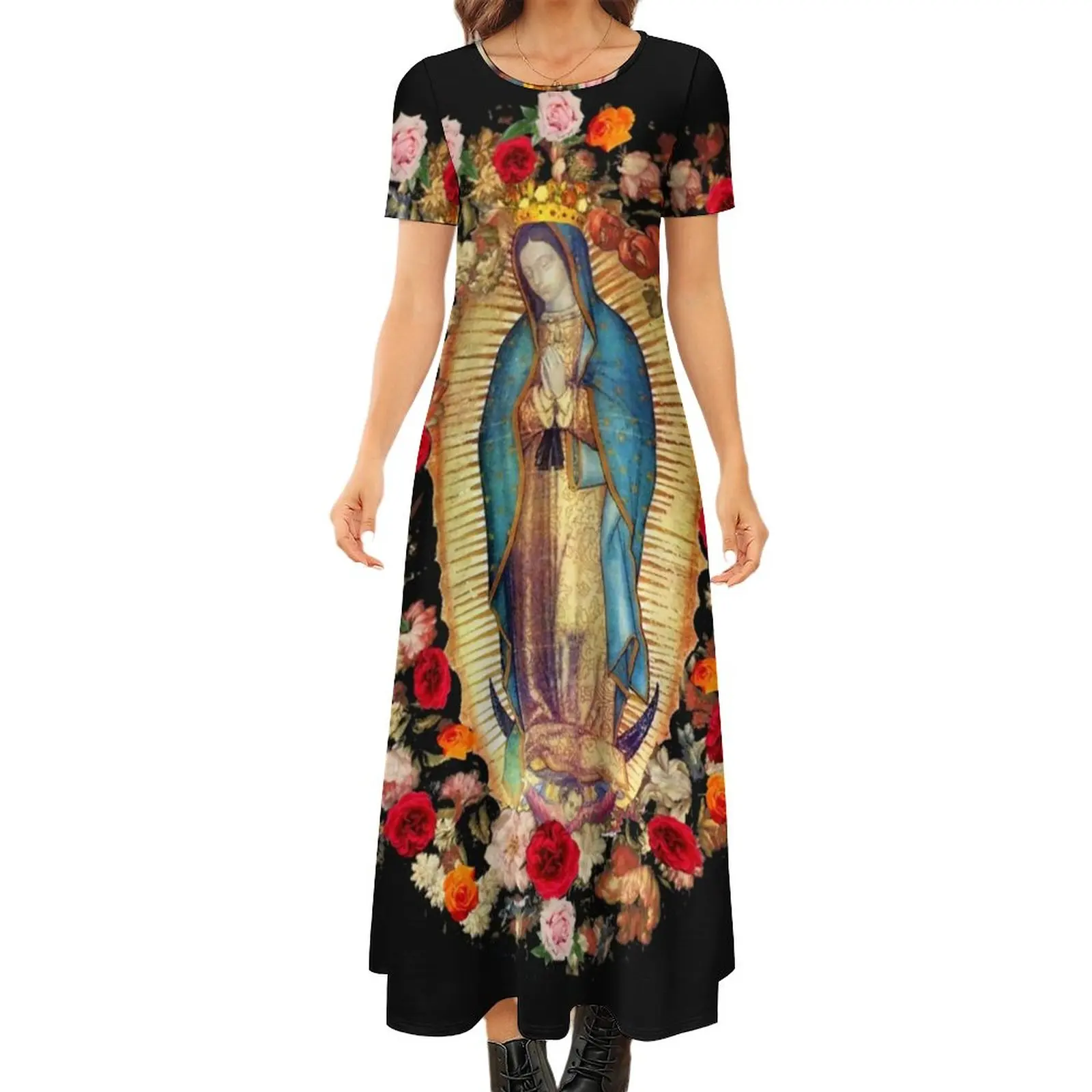 

Virgin Mary Mexico Dress Catholic Saint Modern Maxi Dress Short Sleeve Streetwear Boho Beach Long Dresses Print Oversize Clothes