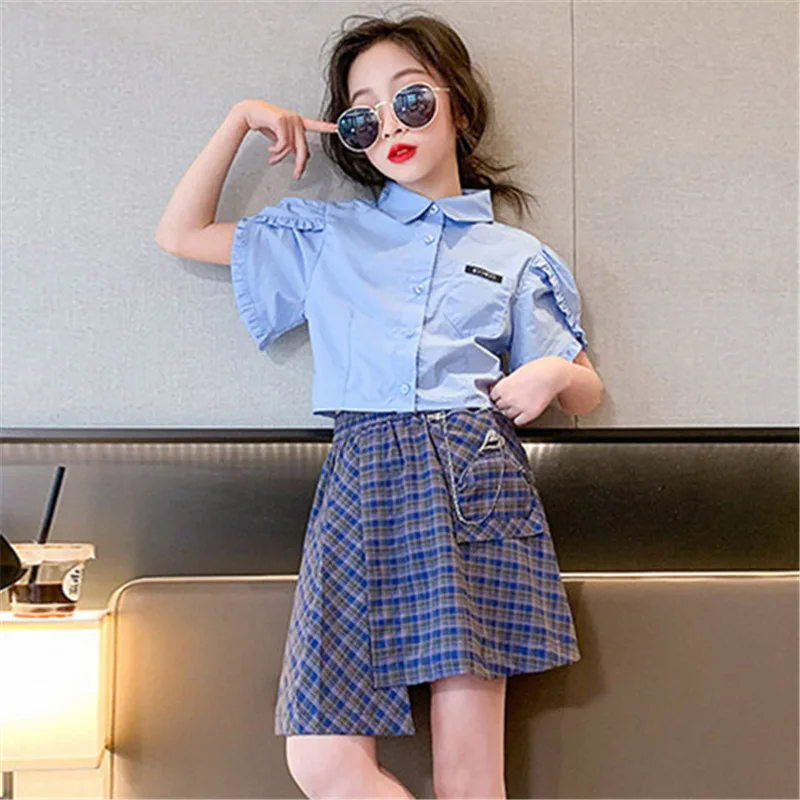 

Детский костюм, комплект одежды для девочек, летняя рубашка + Асимметричная клетчатая юбка, Детская уличная одежда для подростков, Корейская хлопковая одежда