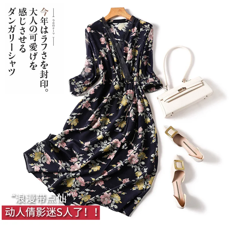 

High Quality Natural Silk New 2023 Summer Dress for Women Vestido Feminino Mid-Calf V-Neck Pullover Three Quarter Sleeve