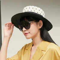 summer flat top straw hat for women black white patchwork mesh dots panama sun cap wide brim outdoor travel beach hat sunscreen