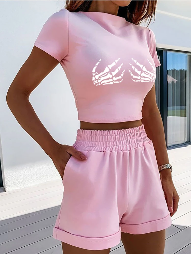 

Summer Women Sexy Solid Sportswear 2 Piece Casual Print Tight Top + Elastic Waist Pocket Shorts Suit Elegant Fashion Street Sets
