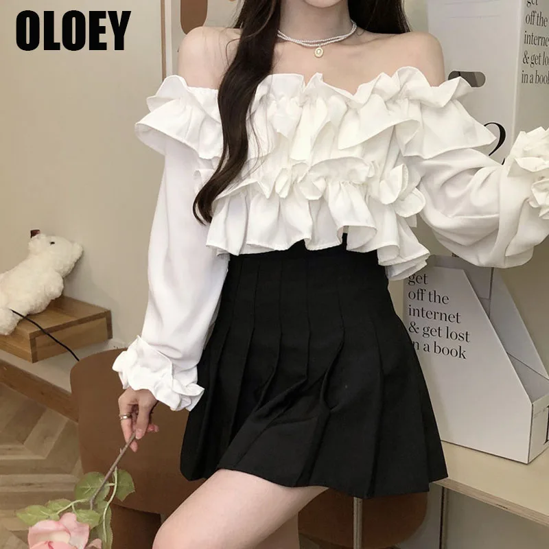 

Spring 2022 New White Sexy Crop Tops Women's French Ruffled Long Sleeve Sweet Blouse Shirt Female High Street Korean Kawaii Tops