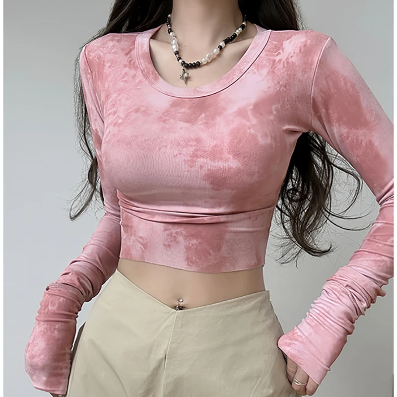 Женская футболка с длинным рукавом круглым вырезом и принтом