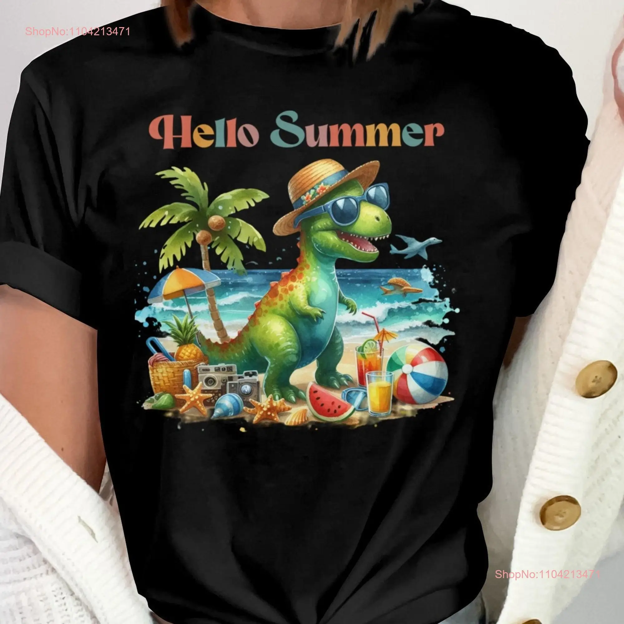 Hello Summer Dinosaur Beach Fun T Shirt Cute Vibes Cool Sweat long or short sleeves