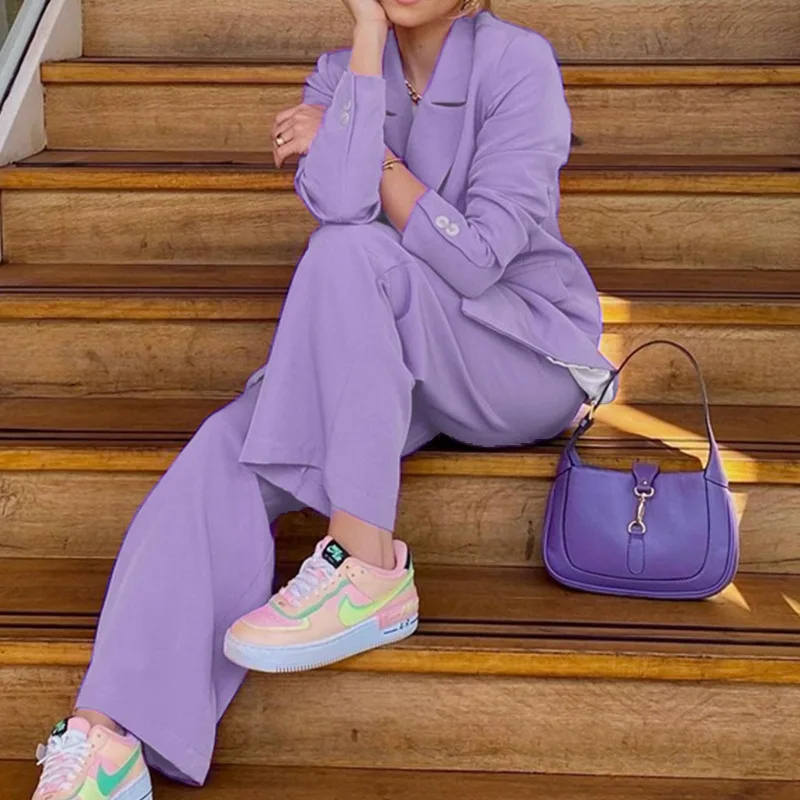 Womens Purple Solid Design Corduroy Blazers Notched Double Breasted and Chic Solid Trouser Korean Style Spring Fall All-match