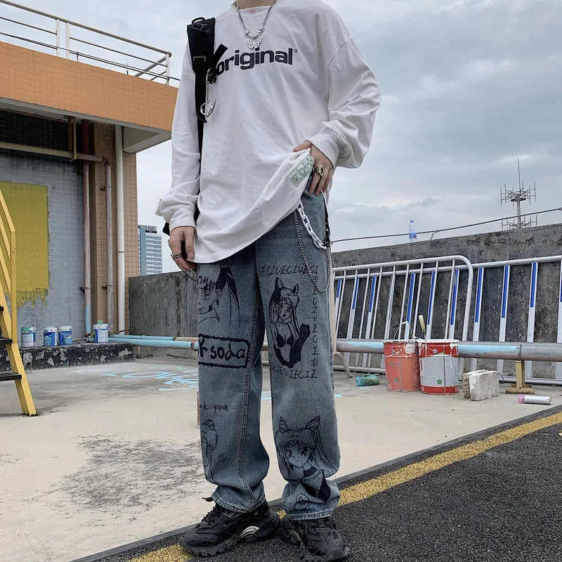 Jeans Trousers Men's Brand Clothing Cartoon Anime Print Harajuku Men Pants Casual Fashion Graffiti Loose Streetwear Ropa Hombre