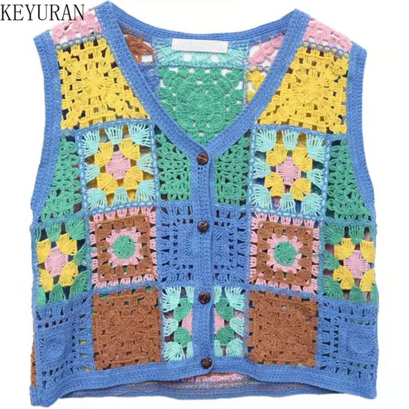 

Жилет женский вязаный крючком, жилет без рукавов в богемном стиле с цветочной вышивкой, винтажный Топ, на лето