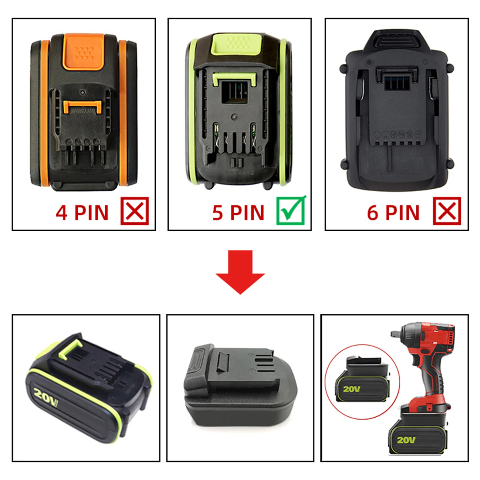 

Инструмент для адаптера аккумулятора, подходит для Worx/Kress 5PIN 20В, преобразование литиевых батарей для DEVON 20В, литиевых батарей