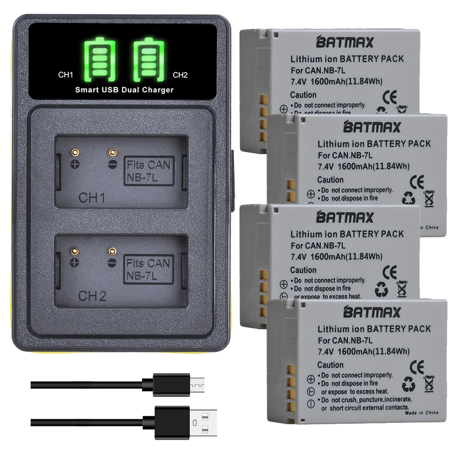 Аккумуляторная батарея Batmax NB-7L NB 7L 1600 мА · ч + двойное зарядное устройство USB типа C и USB-кабель для Canon PowerShot G10 G11 G12 SX30IS