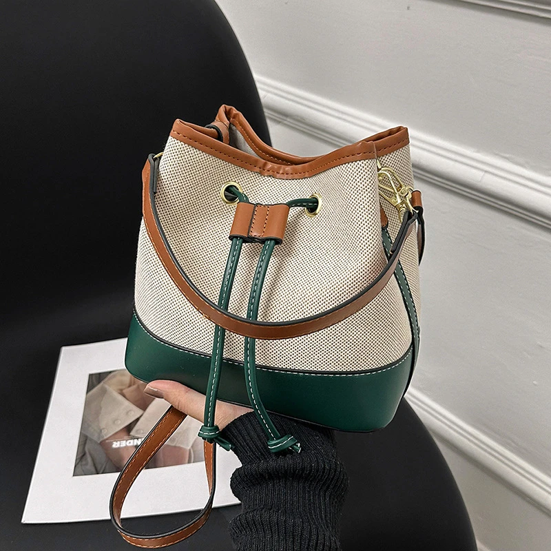 Fashion Canvas Bucket Shoulder Bag Women Contrast Color Drawstring Crossbody Tote Female Portable Messenger Bags Ladies Handbags
