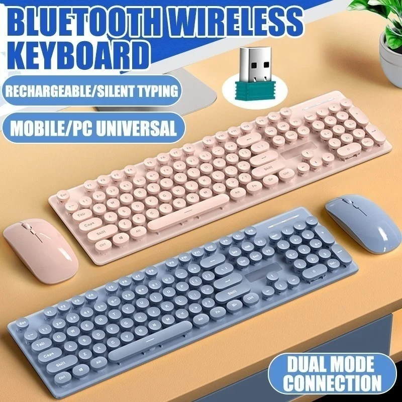 

Rechargeable Wireless Bluetooth Keyboard Mouse Set Low Noise Ergonomic Dual Mode Connection Retro Keys For iPad Phone Computer