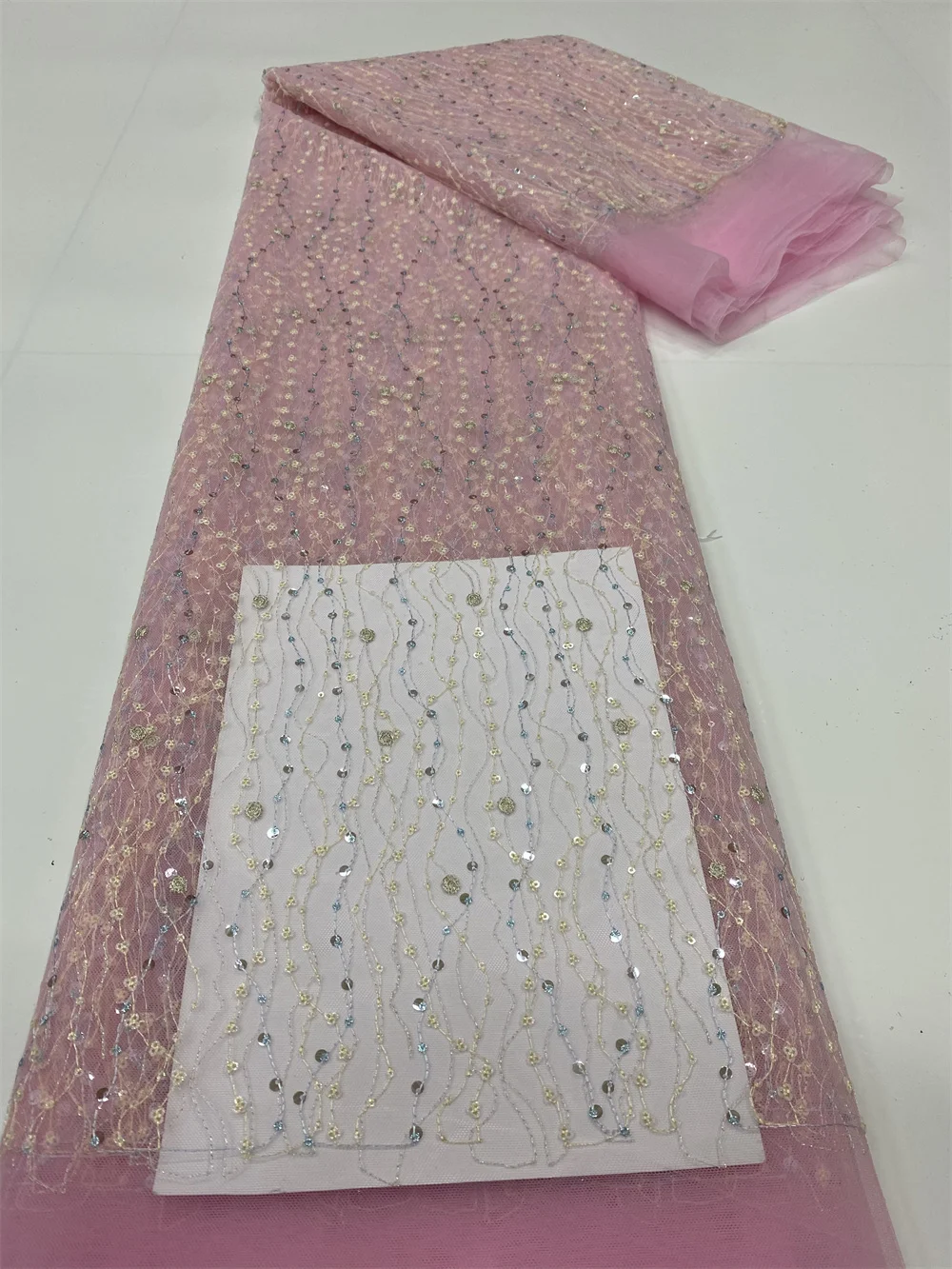 

Розовая Тюлевая Кружевная Ткань 5 ярдов, Африканское кружево с блестками, Высококачественная французская сетчатая кружевная ткань для свадебной вечеринки