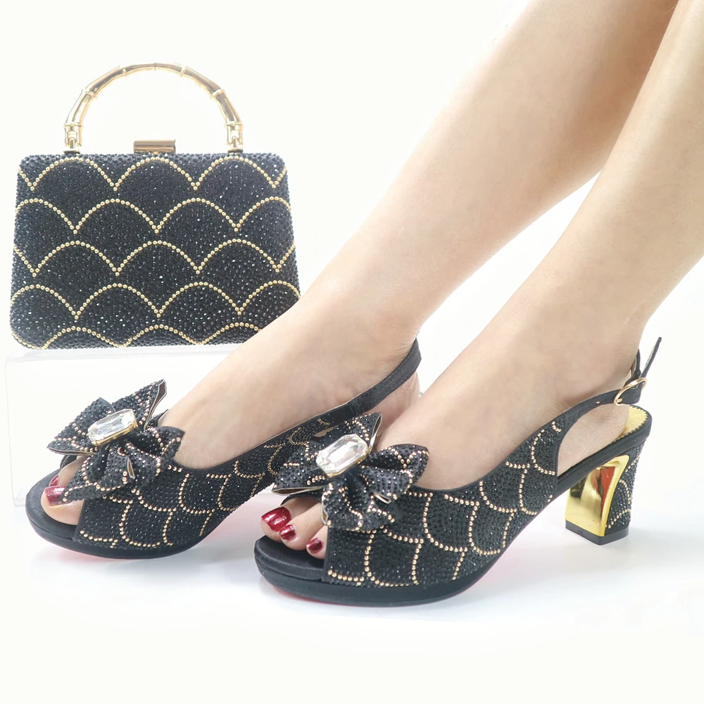 

2022 Hot Selling Italian Design Fashion Unique Style Concise Women Shoes and Bag Set for Party Wedding in Black Color