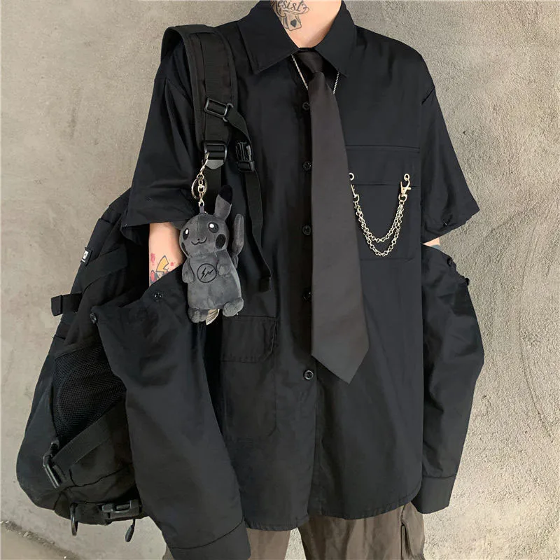 

Fashion Streetwear Loose Women Shirt with Tie Pocket Chain Detachable Sleeve Blouse For Women Solid Black Gray Lady Tops 21916