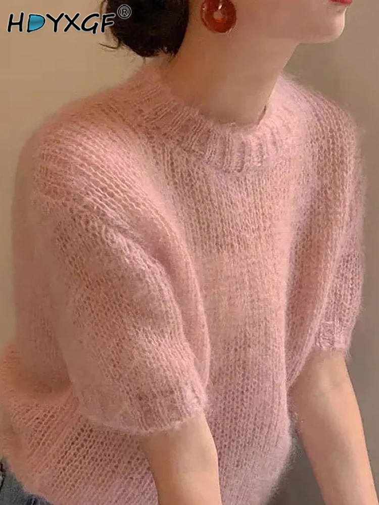 

Solid Color Korean Round Neck Pullover Bubble Sleeve Hollow Thin Knitting T-Shirt Summer Women's Loose Simple Short Sleeved Tops