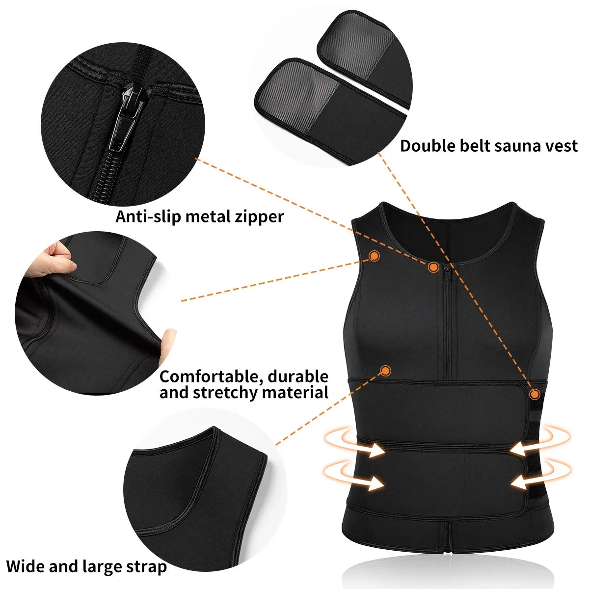 Men's Sweat Vest Neoprene Waist Trainer Tank Top Adjustable Work Out For Belly Fat Body Shaper With Double Zipper Back Support