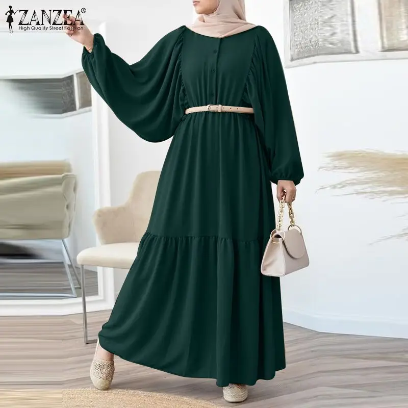Women Casual Belted Jilbab Sundress ZANZEA Elegant Long Puff Sleeve Muslim Shirt Dress Oversized Hijab Caftan Islamic Clothing