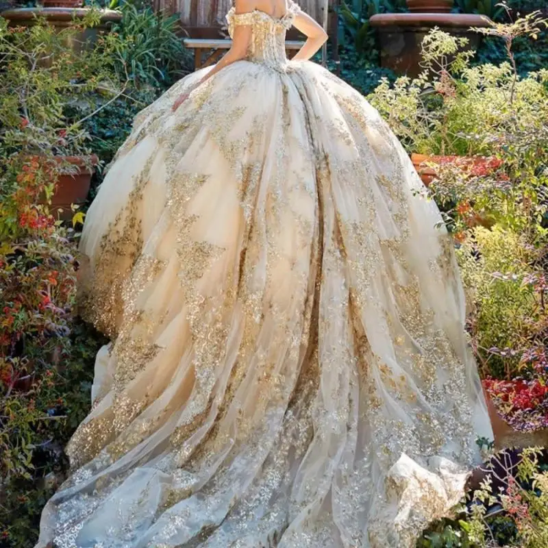 Шампанское платье для Quinceanera бальное Золотое кружево аппликация бисером