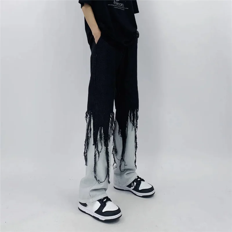 

Men Jeans High Street Hip Hop Contrast Color Tassel Loose Fashion Japanese Streetwear Hippie Loose Casual Darkwear Patchwork