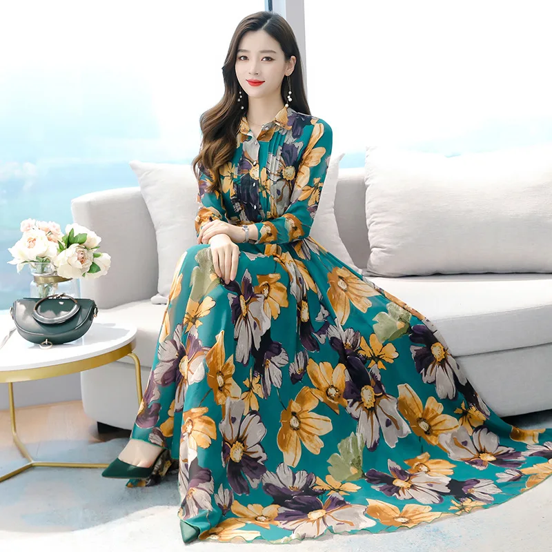Muslim Women Maxi Floral Chiffon Dress Autumn Long Sleeve Runway Elegant Vintage Korean Long Dresses party Night  muslim dress