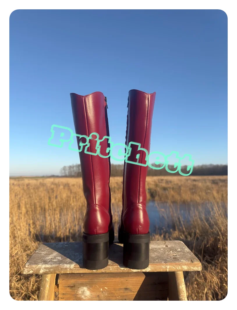 Красные кожаные сапоги до колена с цветами на платформе боковой молнией и