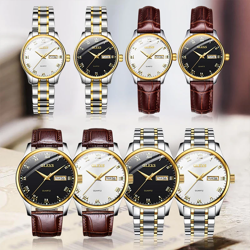 OLEVS New Couple Luxury  Automatic HD Luminous Waterproof Dual Calendar Display  Stainless Steel Watches Quartz Watch 5568