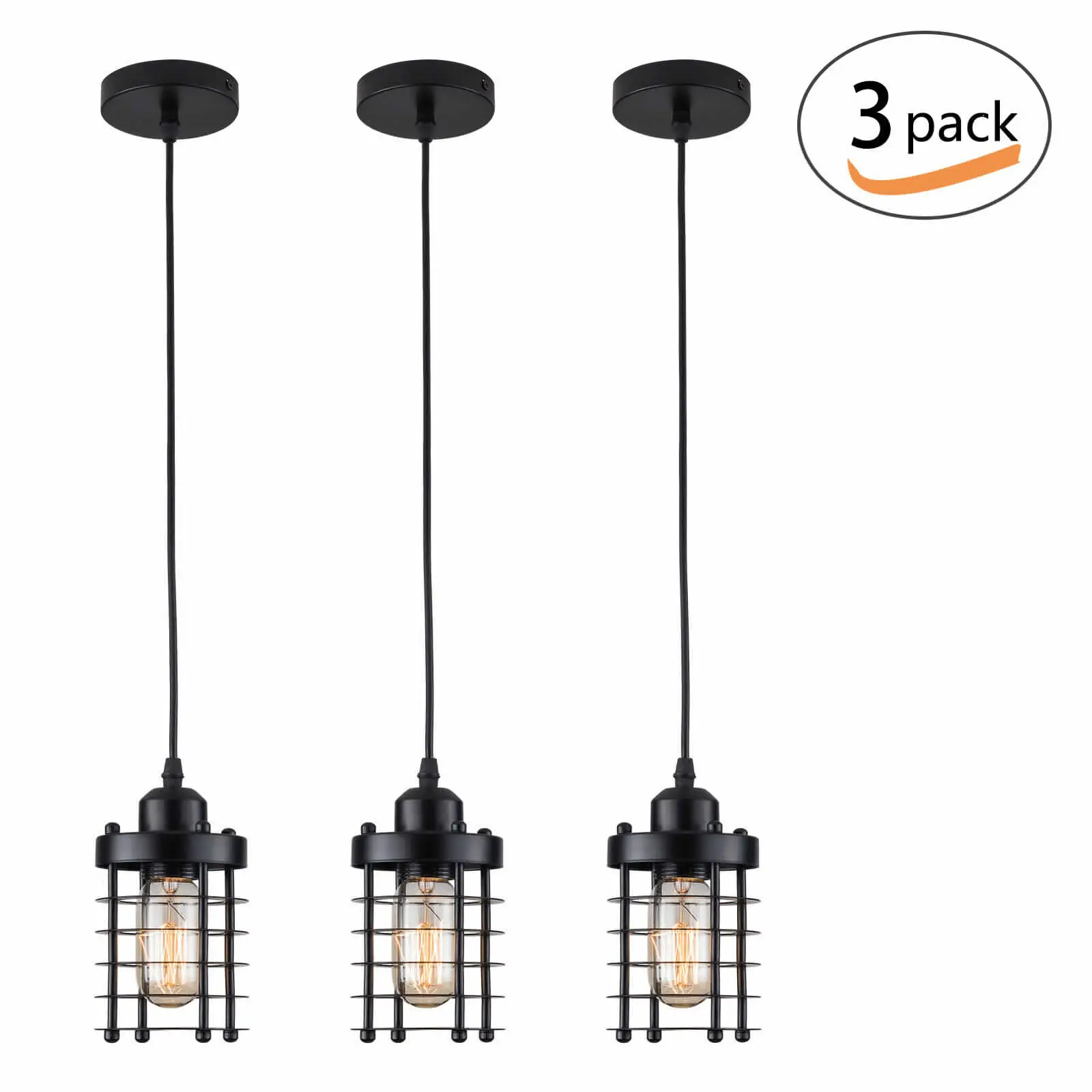 3-pack Retro Pendant Light for Dining Room Rustic Metal Cage